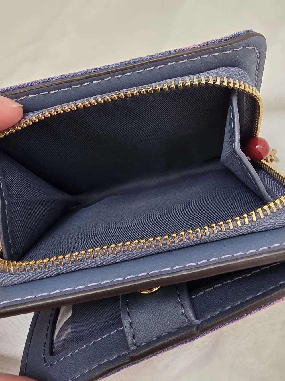 Custom Pink Washed Denim Coach Wallet | Cherry Charm Zip Around Upcycled Bag - Picture 7 of 10